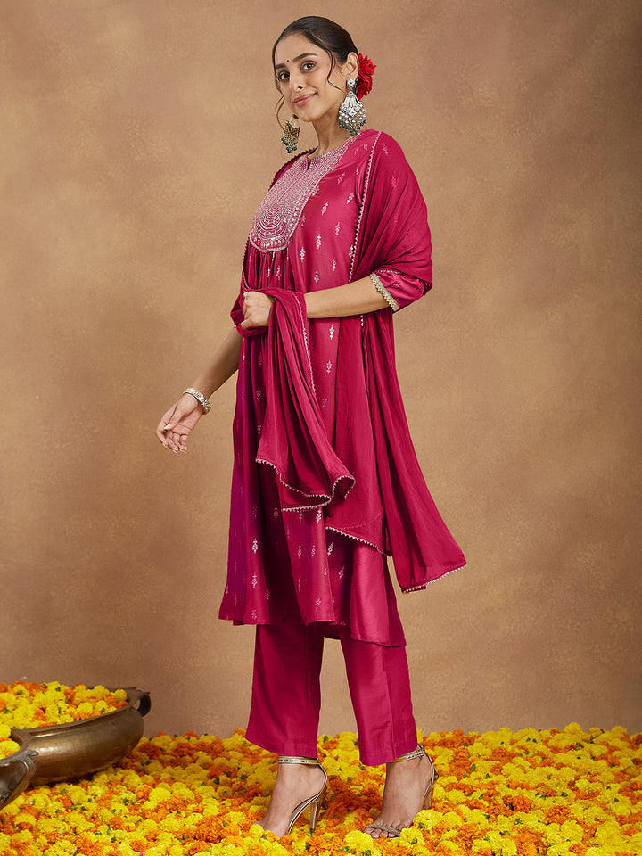 Janasya Women's Pink Silk Blend Zari Yoke Embroidered Gold Printed A-line Kurta Set With Dupatta - qivii