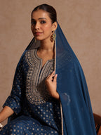 Janasya Women's Teal Blue Silk Blend Zari Embroidered Gold Printed Anarkali Kurta Set