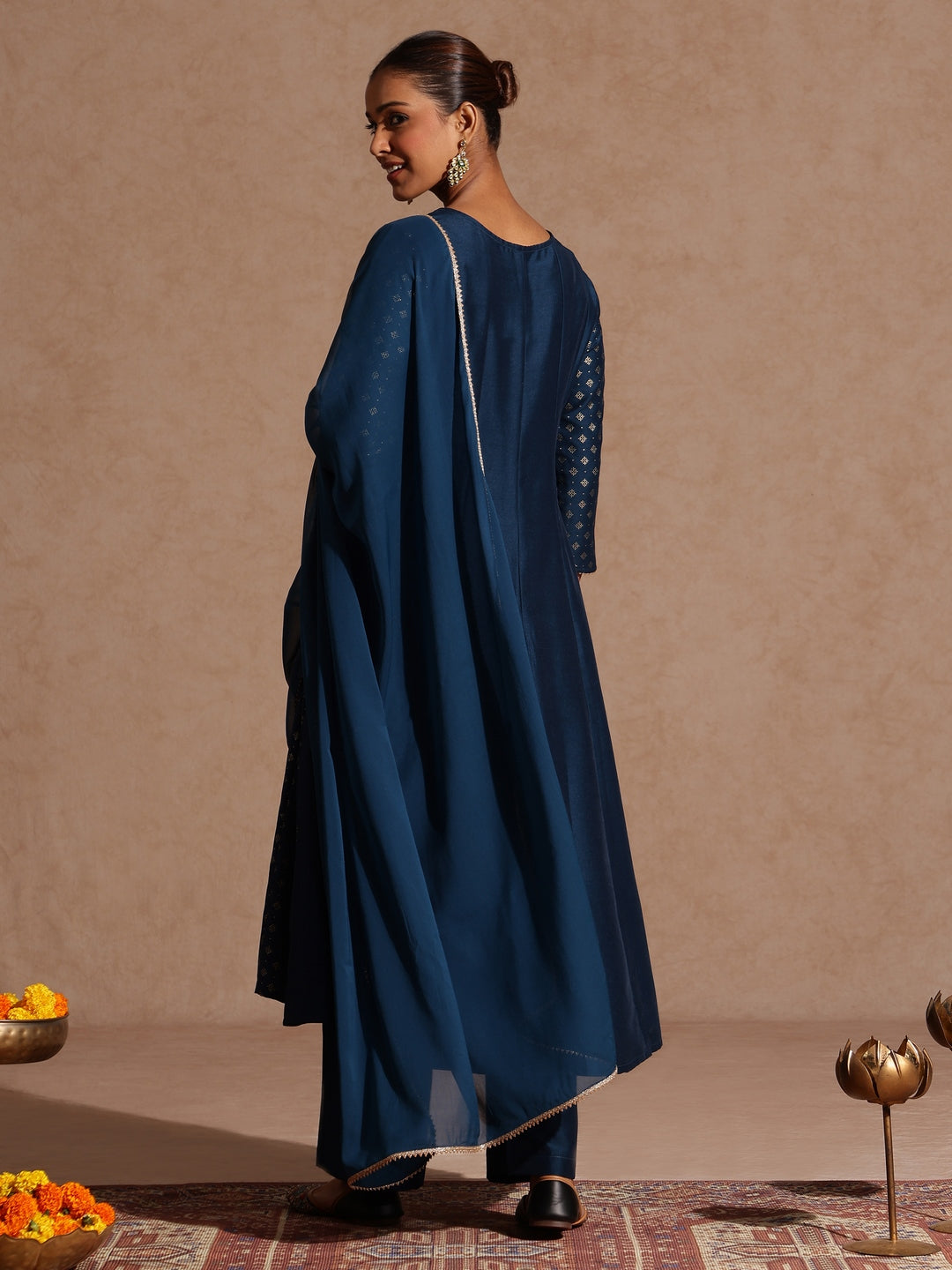 Janasya Women's Teal Blue Silk Blend Zari Embroidered Gold Printed Anarkali Kurta Set - qivii