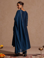 Janasya Women's Teal Blue Silk Blend Zari Embroidered Gold Printed Anarkali Kurta Set