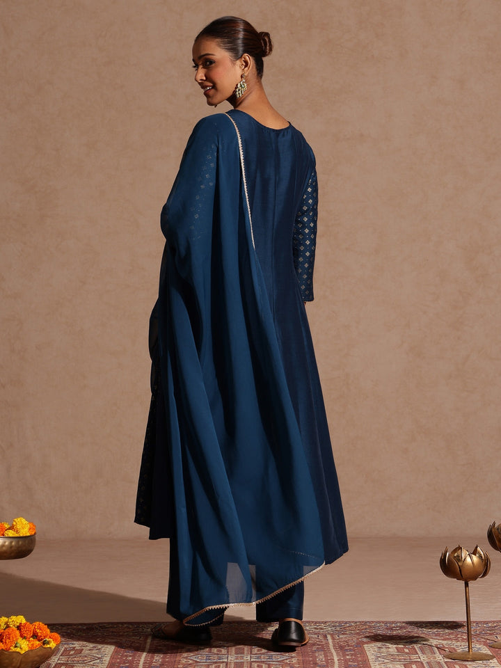 Janasya Women's Teal Blue Silk Blend Zari Embroidered Gold Printed Anarkali Kurta Set - qivii