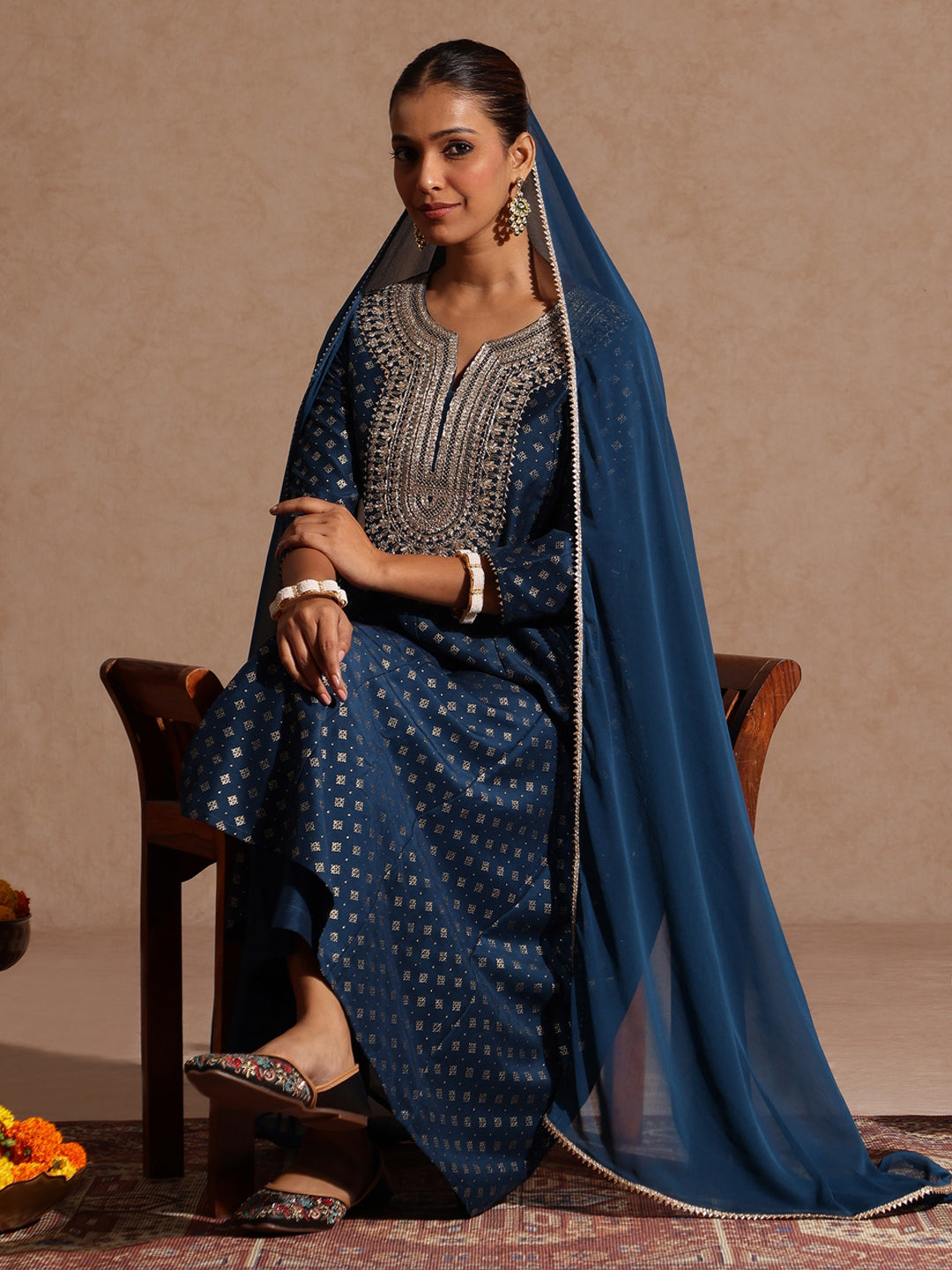 Janasya Women's Teal Blue Silk Blend Zari Embroidered Gold Printed Anarkali Kurta Set