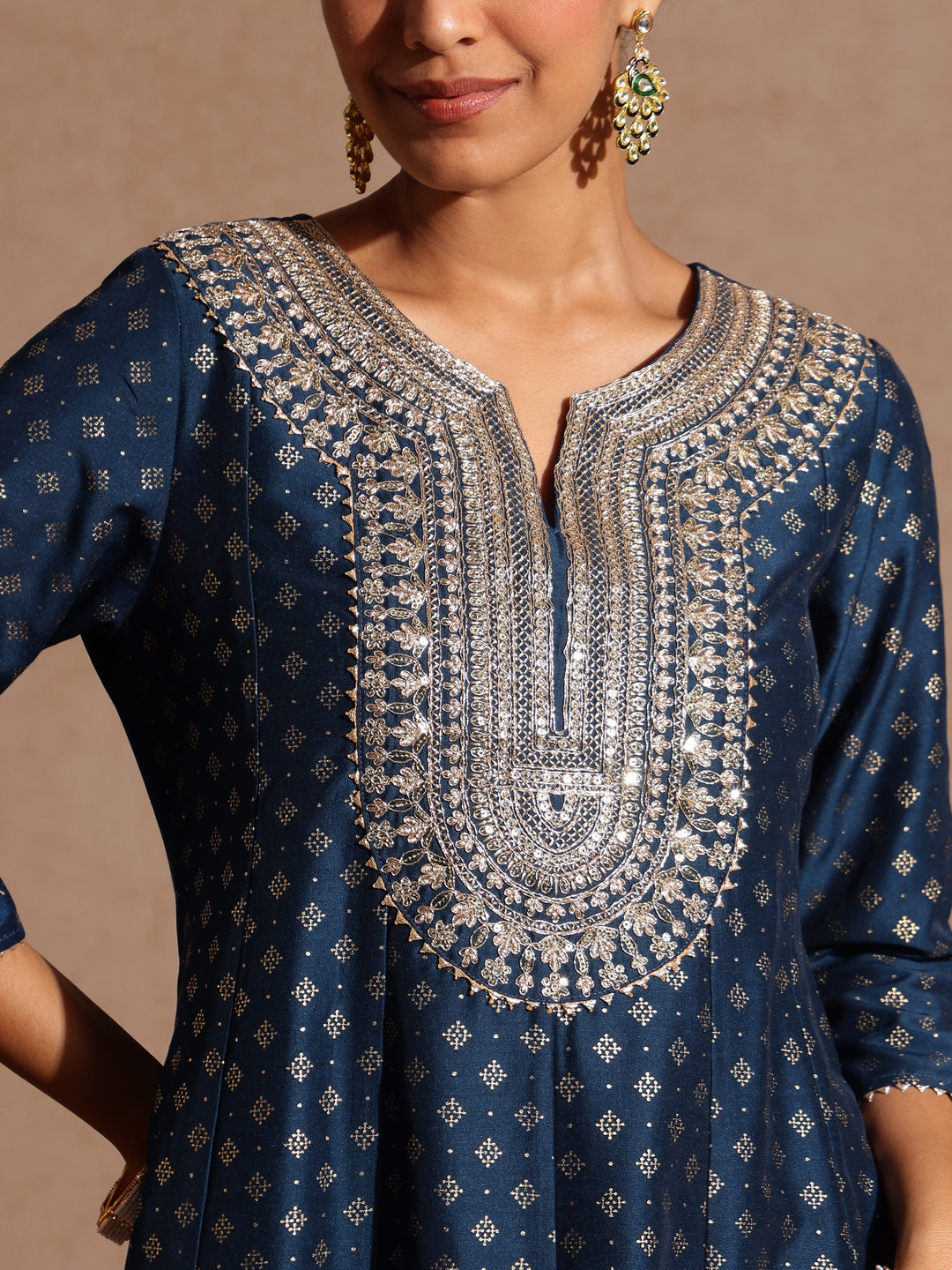 Janasya Women's Teal Blue Silk Blend Zari Embroidered Gold Printed Anarkali Kurta Set - qivii