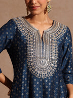 Janasya Women's Teal Blue Silk Blend Zari Embroidered Gold Printed Anarkali Kurta Set