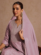 Janasya Women's Lavender Silk Blend Zari Embroidered Gold Printed Anarkali Kurta Set