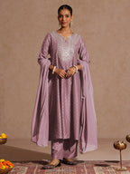 Janasya Women's Lavender Silk Blend Zari Embroidered Gold Printed Anarkali Kurta Set