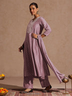 Janasya Women's Lavender Silk Blend Zari Embroidered Gold Printed Anarkali Kurta Set