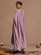 Janasya Women's Lavender Silk Blend Zari Embroidered Gold Printed Anarkali Kurta Set