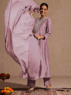 Janasya Women's Lavender Silk Blend Zari Embroidered Gold Printed Anarkali Kurta Set