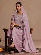 Janasya Women's Lavender Silk Blend Zari Embroidered Gold Printed Anarkali Kurta Set