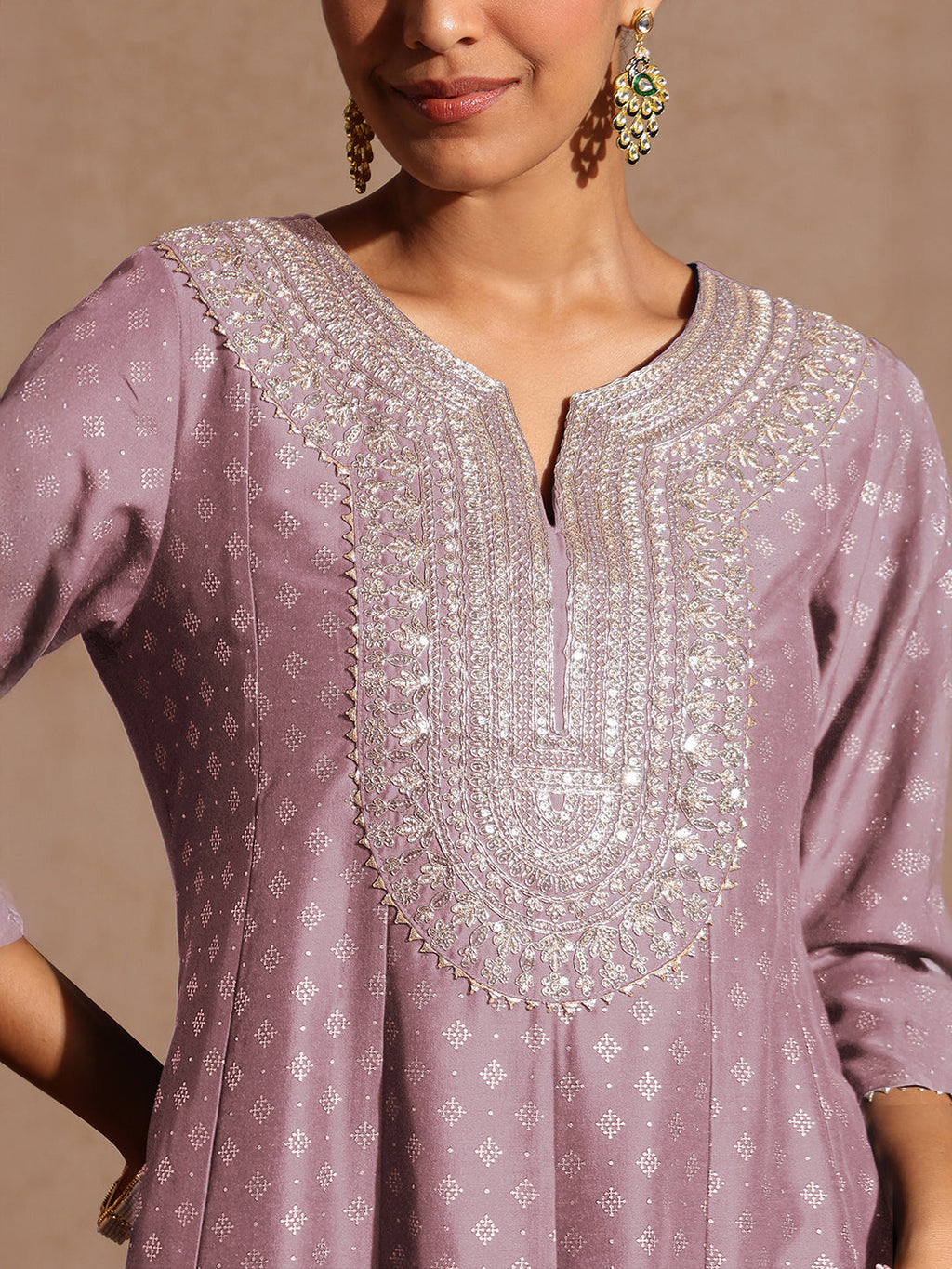 Janasya Women's Lavender Silk Blend Zari Embroidered Gold Printed Anarkali Kurta Set