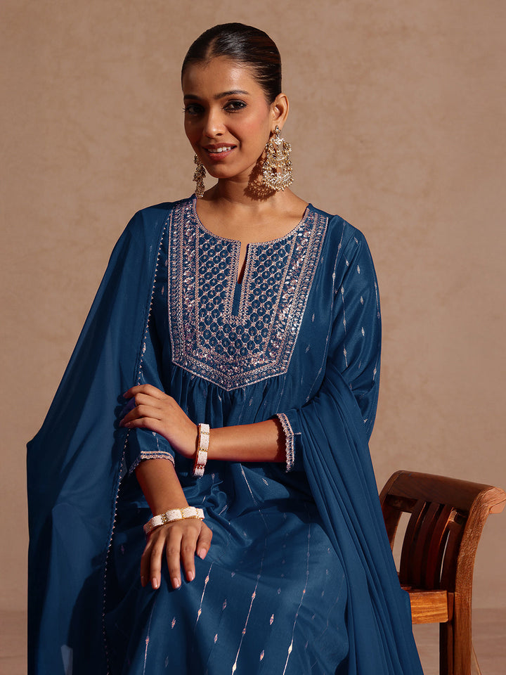 Janasya Women's Teal Blue Silk Blend Zari Yoke Embroidered A-line Kurta Set With Dupatta