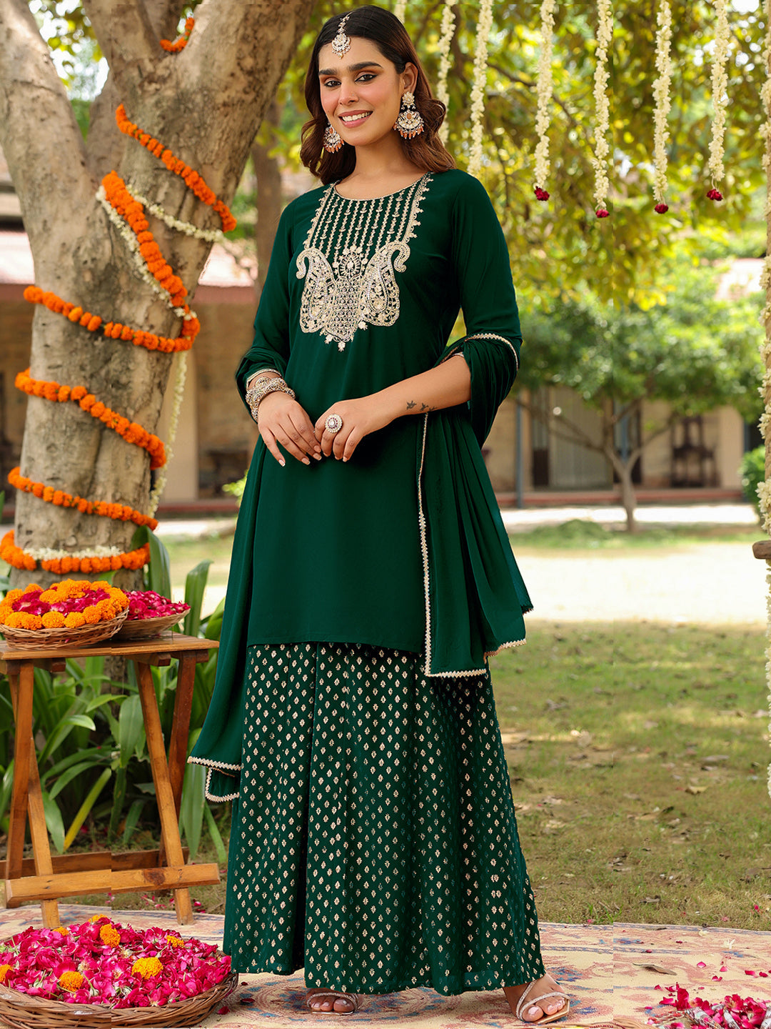 Janasya Women's Dark Green Georgette Embroidered Straight Kurta With Sharara & Dupatta Set - qivii
