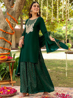 Janasya Women's Dark Green Georgette Embroidered Straight Kurta With Sharara & Dupatta Set
