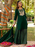 Janasya Women's Dark Green Georgette Embroidered Straight Kurta With Sharara & Dupatta Set