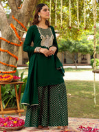 Janasya Women's Dark Green Georgette Embroidered Straight Kurta With Sharara & Dupatta Set