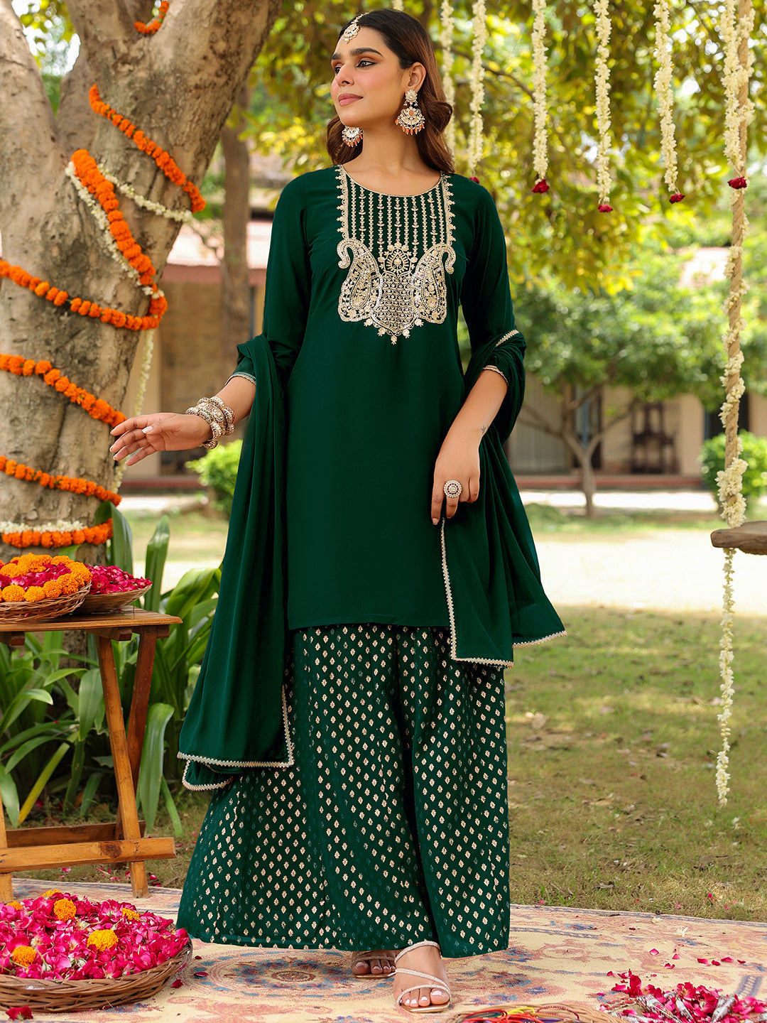 Janasya Women's Dark Green Georgette Embroidered Straight Kurta With Sharara & Dupatta Set