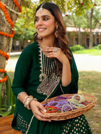 Janasya Women's Dark Green Georgette Embroidered Straight Kurta With Sharara & Dupatta Set