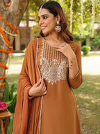 Janasya Women's Brown Georgette Embroidered Straight Kurta With Sharara & Dupatta Set