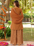 Janasya Women's Brown Georgette Embroidered Straight Kurta With Sharara & Dupatta Set