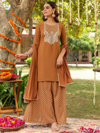 Janasya Women's Brown Georgette Embroidered Straight Kurta With Sharara & Dupatta Set