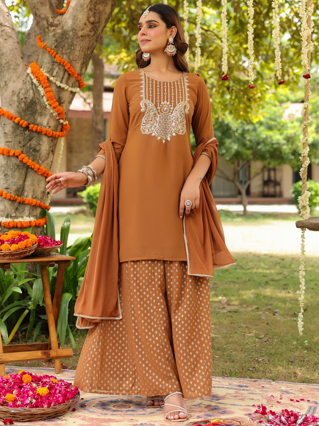 Janasya Women's Brown Georgette Embroidered Straight Kurta With Sharara & Dupatta Set