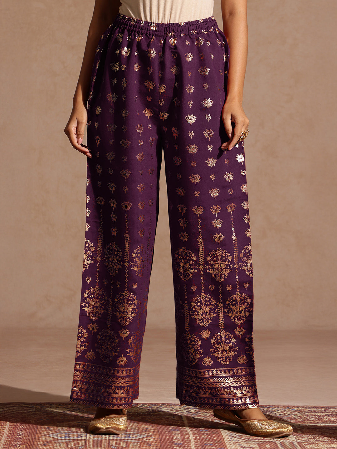 Janasya Women's Wine Chanderi Silk Embellished Straight Kurta With Palazzo & Dupatta Set