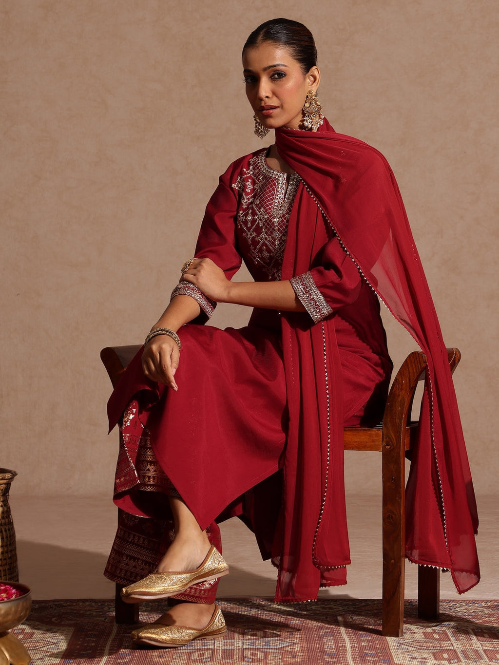 Janasya Women's Maroon Chanderi Silk Zari Embroidered Gold Printed Straight Kurta Set