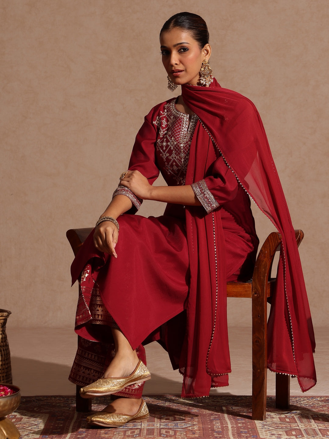 Janasya Women's Maroon Chanderi Silk Zari Embroidered Gold Printed Straight Kurta Set - qivii