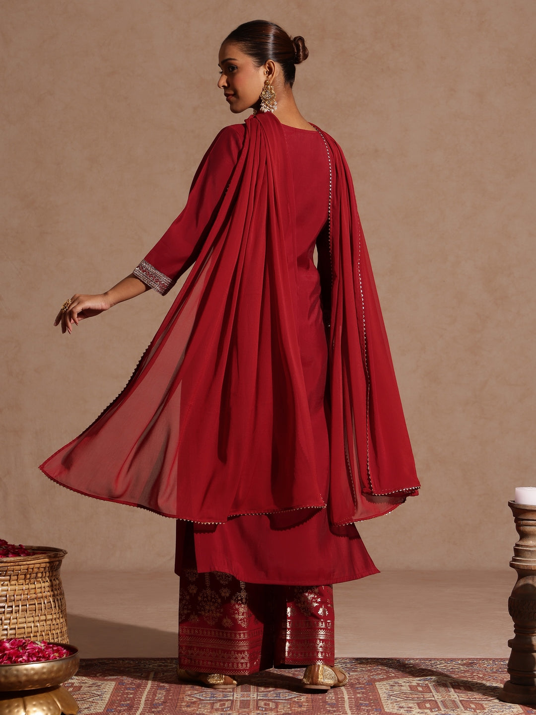 Janasya Women's Maroon Chanderi Silk Zari Embroidered Gold Printed Straight Kurta Set - qivii