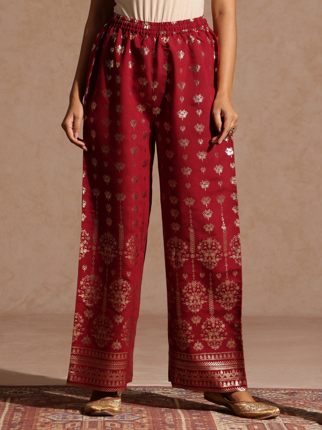 Janasya Women's Maroon Chanderi Silk Zari Embroidered Gold Printed Straight Kurta Set - qivii