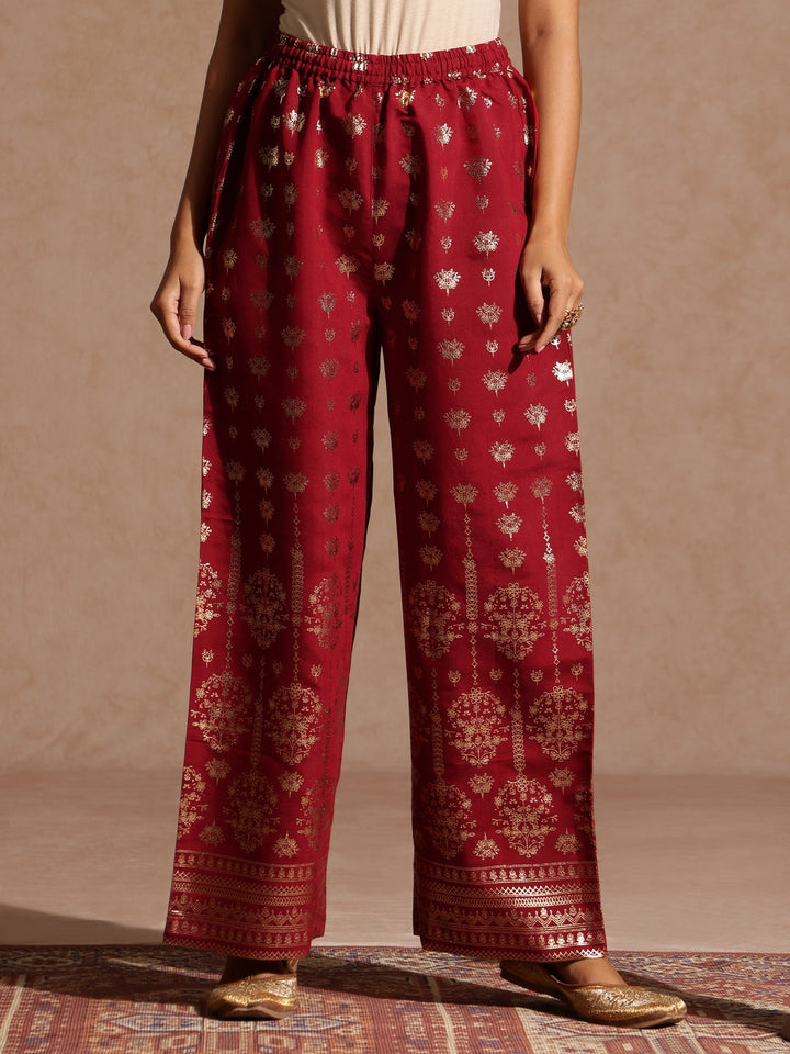 Janasya Women's Maroon Chanderi Silk Zari Embroidered Gold Printed Straight Kurta Set - qivii