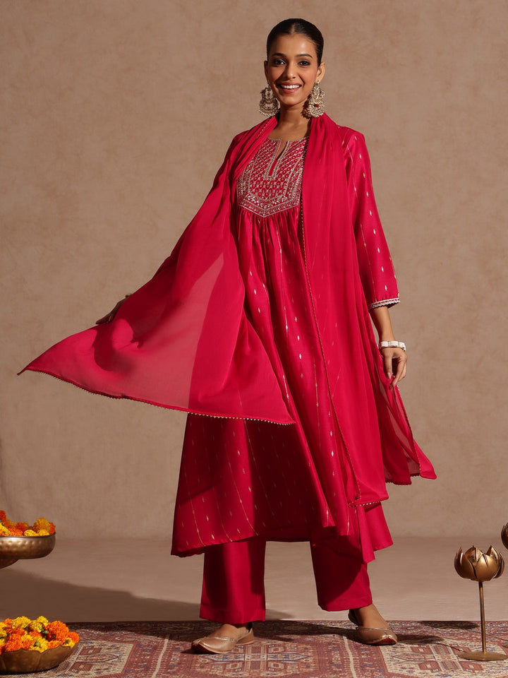 Janasya Women's Pink Silk Blend Zari Yoke Embroidered A-line Kurta Set With Dupatta - qivii