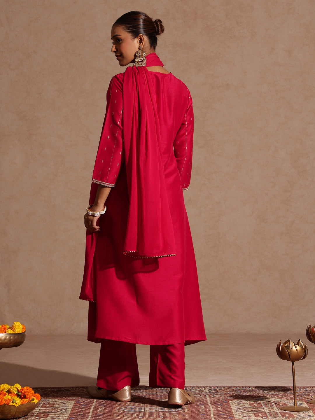 Janasya Women's Pink Silk Blend Zari Yoke Embroidered A-line Kurta Set With Dupatta - qivii