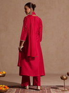 Janasya Women's Pink Silk Blend Zari Yoke Embroidered A-line Kurta Set With Dupatta