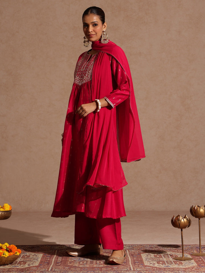Janasya Women's Pink Silk Blend Zari Yoke Embroidered A-line Kurta Set With Dupatta - qivii