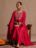Janasya Women's Pink Silk Blend Zari Yoke Embroidered A-line Kurta Set With Dupatta