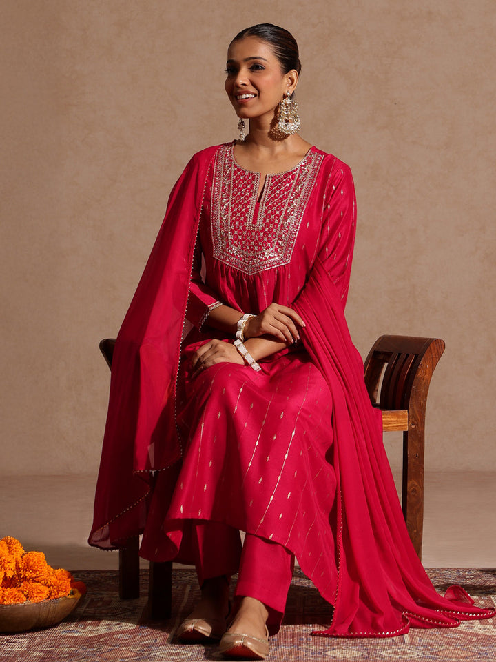 Janasya Women's Pink Silk Blend Zari Yoke Embroidered A-line Kurta Set With Dupatta - qivii
