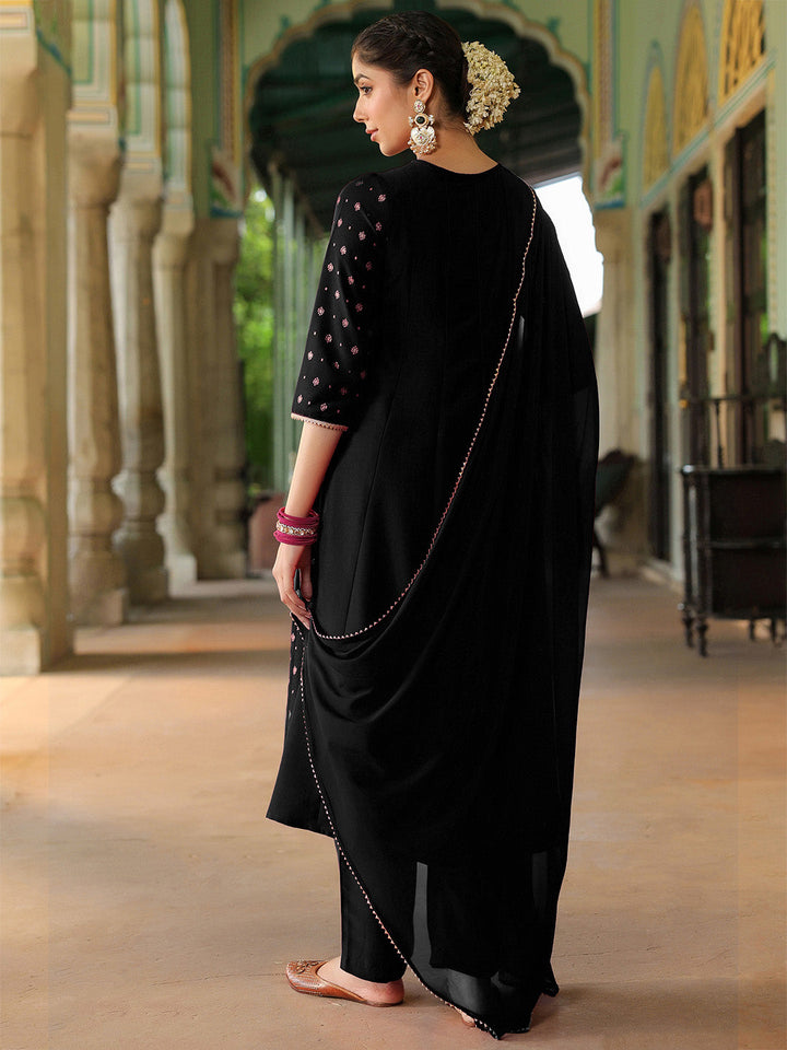 Janasya Women's Black Silk Blend Zari Yoke Embroidered Gold Printed Anarkali Kurta Set - qivii