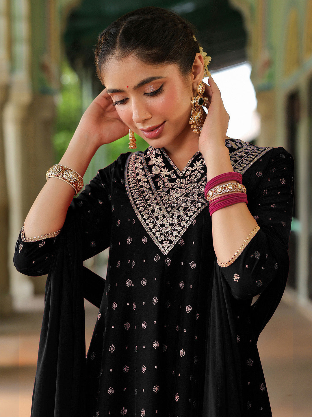 Janasya Women's Black Silk Blend Zari Yoke Embroidered Gold Printed Anarkali Kurta Set - qivii