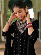 Janasya Women's Black Silk Blend Zari Yoke Embroidered Gold Printed Anarkali Kurta Set