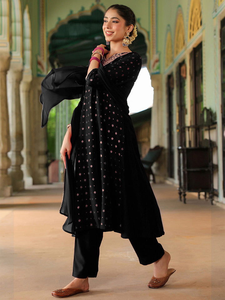 Janasya Women's Black Silk Blend Zari Yoke Embroidered Gold Printed Anarkali Kurta Set - qivii