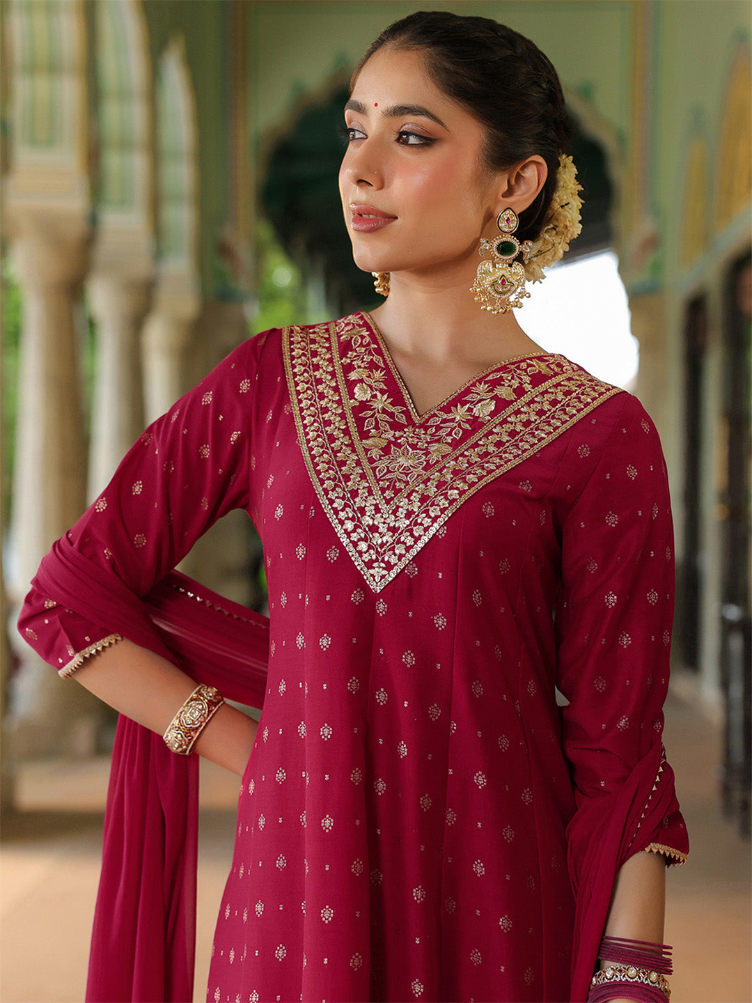 Janasya Women's Pink Silk Blend Zari Yoke Embroidered Gold Printed Anarkali Kurta Set