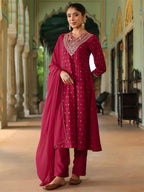 Janasya Women's Pink Silk Blend Zari Yoke Embroidered Gold Printed Anarkali Kurta Set