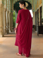 Janasya Women's Pink Silk Blend Zari Yoke Embroidered Gold Printed Anarkali Kurta Set