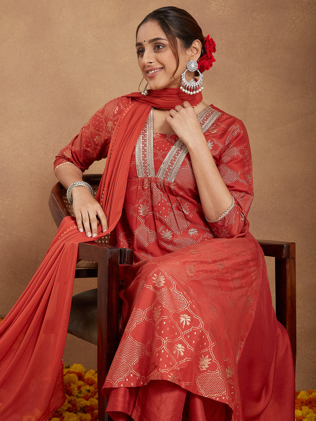 Janasya Women's Rust Silk Blend Embellished Gold Printed A-line Kurta Set