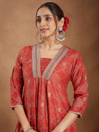 Janasya Women's Rust Silk Blend Embellished Gold Printed A-line Kurta Set