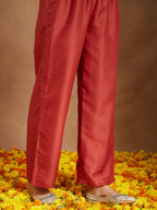 Janasya Women's Rust Silk Blend Embellished Gold Printed A-line Kurta Set