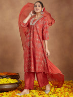 Janasya Women's Rust Silk Blend Embellished Gold Printed A-line Kurta Set