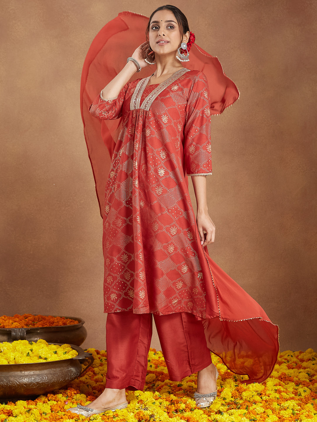 Janasya Women's Rust Silk Blend Embellished Gold Printed A-line Kurta Set
